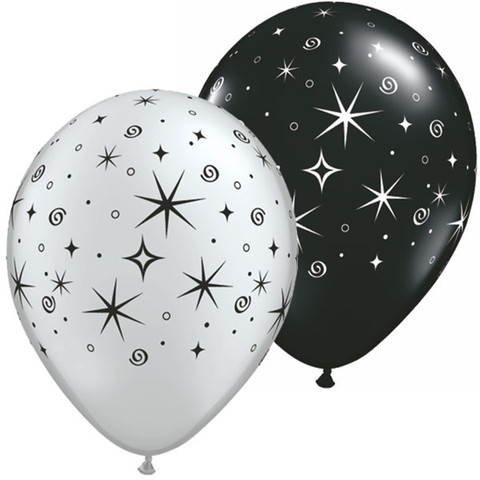 BALLOONS LATEX - STARS SPARKLES & SWIRLS SILVER & BLACK PACK 6