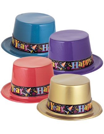 HAT - TOP HAT MULTI COLOURED PLASTIC - \'HAPPY NEW YEAR\'