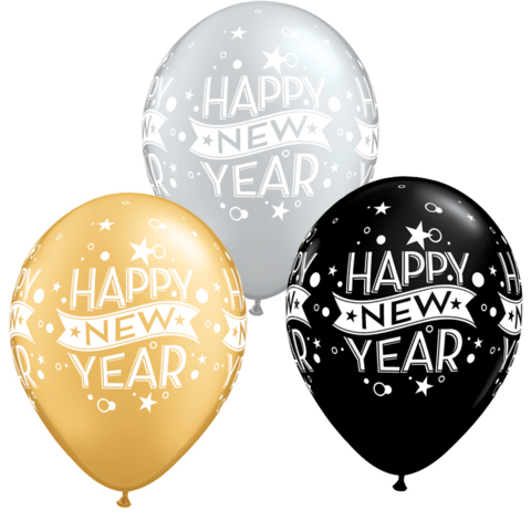 BALLOONS LATEX - NEW YEARS BLACK, GOLD & SILVER CONFETTI PACK 50