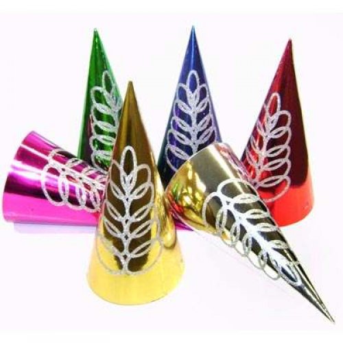 FOIL GLITTER SWIRL CONE PARTY HATS - PACK 6