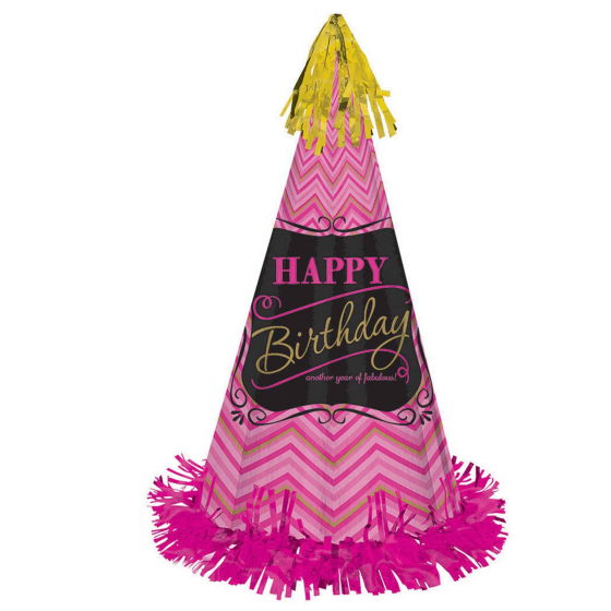 HAPPY BIRTHDAY LARGE PINK CONE HAT WITH FOIL FRINGE