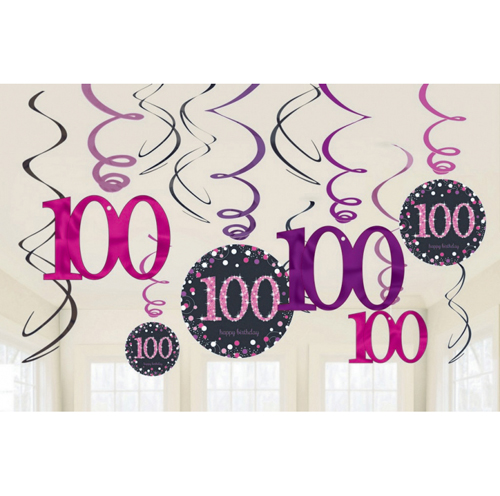 100TH BIRTHDAY HANGING SWIRLS -  SPARKLING PINK PACK 12