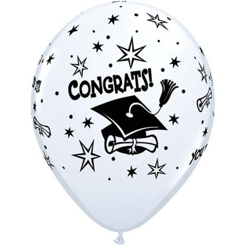 BALLOONS LATEX - CONGRATS! CAP WHITE PACK OF 50