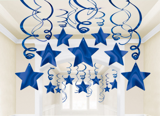 STAR HANGING SWIRL DECORATION ROYAL BLUE PACK OF 30
