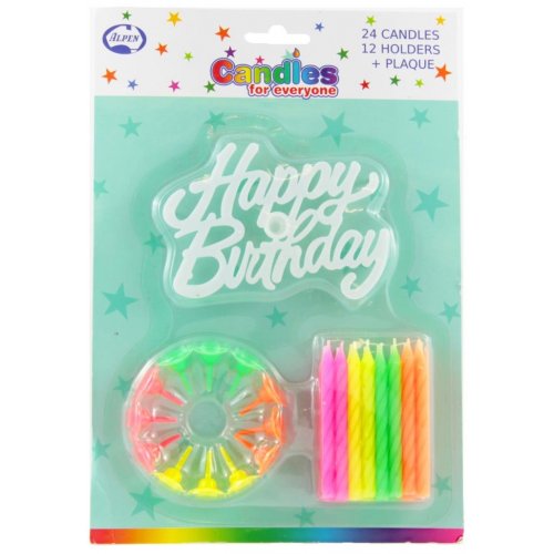 NEON BIRTHDAY CANDLES WITH 'HAPPY BIRTHDAY' PLAQUE - PACK 24