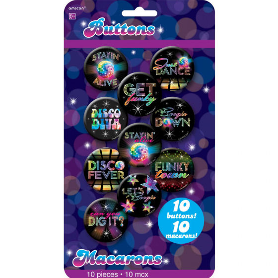 1970'S DISCO BUTTONS IN ASSORTED DESIGNS - PACK OF 10