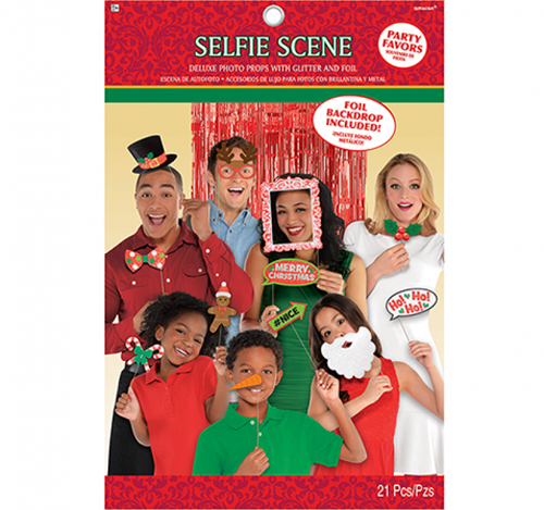 SELFIE PHOTO BOOTH PROPS - CHRISTMAS FUN PK 20 WITH RED CURTAIN