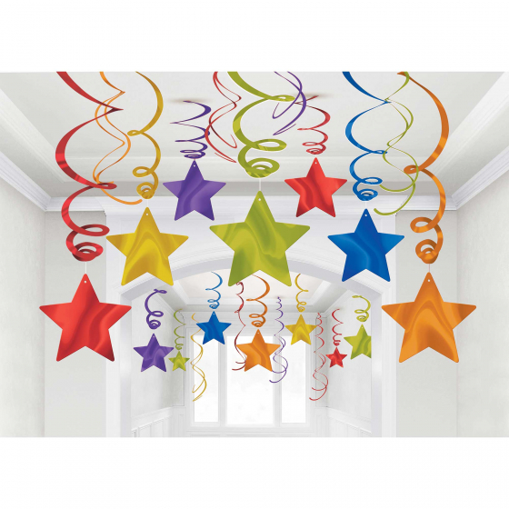 STAR HANGING SWIRL DECORATIONS MULTI-COLOURED PACK OF 30