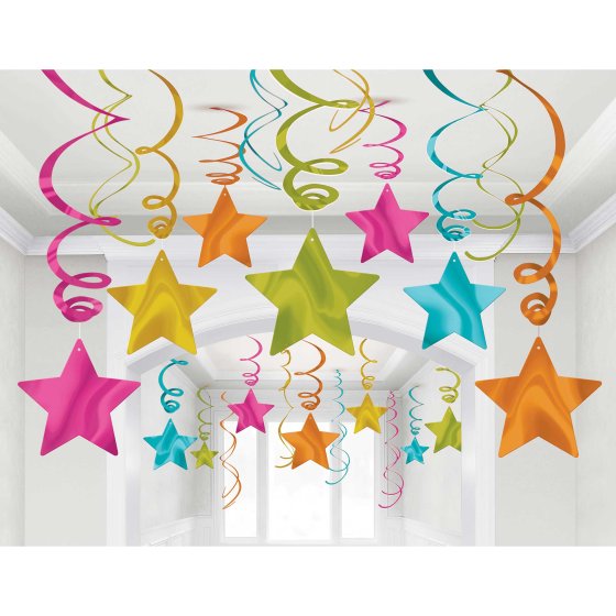 STAR HANGING SWIRL DECORATION MULTI COLOURED PACK OF 30