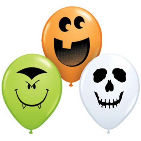 BALLOONS LATEX - 5" LIME, WHITE & ORANGE SCARY ASSORTED PK OF 6