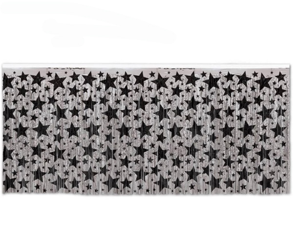 METALLIC FOIL TABLE SKIRTING - SILVER WITH BLACK STARS