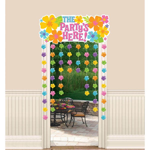 DOOR COVER - HAWAIIAN HIBISCUS WITH \'THE PARTY\'S HERE\' SIGN