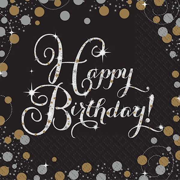 HAPPY BIRTHDAY NAPKINS GOLD & SILVER SPARKLE PACK OF 16