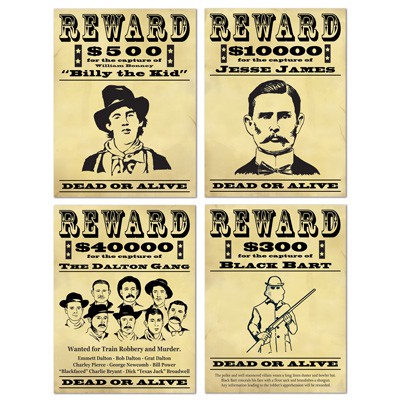 WILD WEST WANTED 'REWARD' CUT OUT SIGNS - PACK OF 4