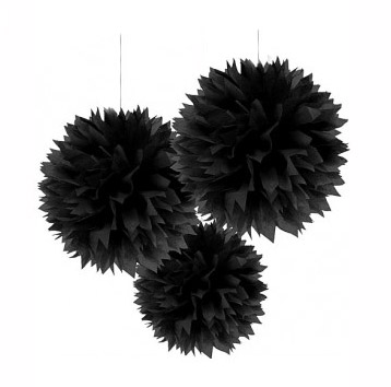POM POM FLUFFY TISSUE DECORATION - BLACK IN A PACK OF 3