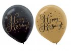 BALLOONS LATEX - GOLD & BLACK 'HAPPY BIRTHDAY' PACK 15