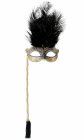 MASK - OSTRICH FEATHER BLACK & GOLD ON A STICK