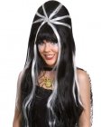 BEEHIVE WIG LONG BLACK WITH WHITE STRIPES & SILVER SPIDER