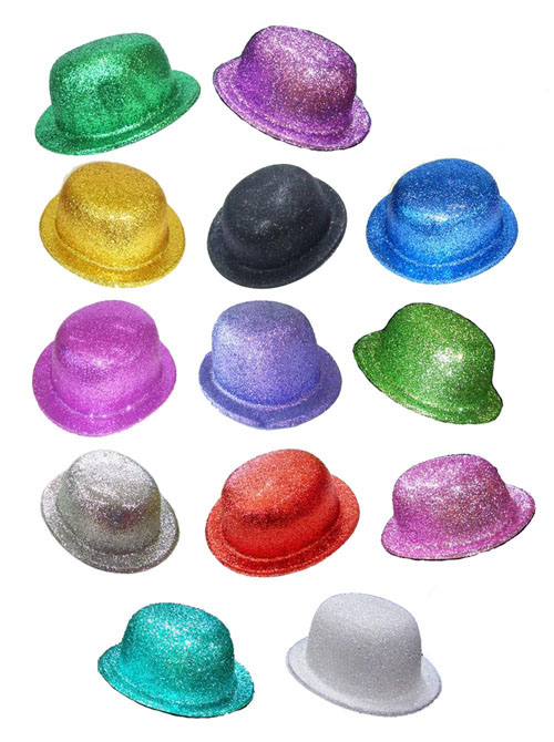 BOWLER GLITTER HATS IN 12 ASSORTED COLOURS