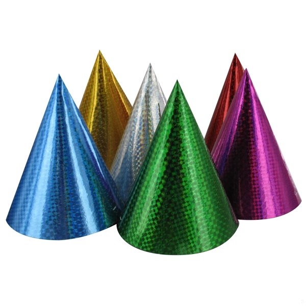 HATS - BULK MULTI COLOURED PRISMATIC CONE HATS - PACK OF 50