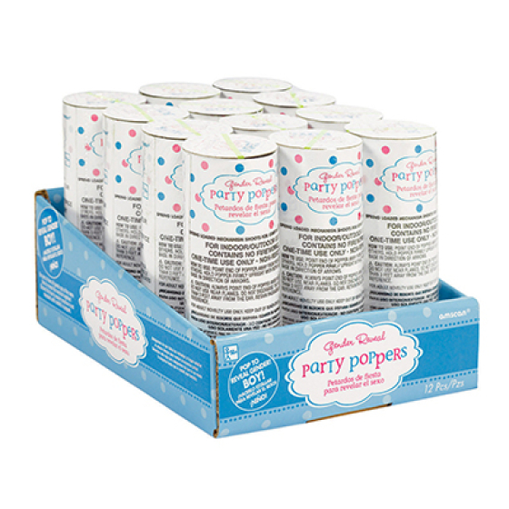 PARTY POPPERS - BLUE GENDER REVEAL CONFETTI CANNON - PACK 12