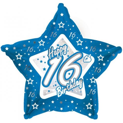 FOIL BALLOON - 16TH SILVER & BLUE STAR FOIL BIRTHDAY BALLOON