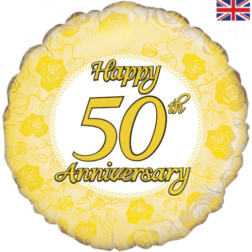 FOIL BALLOON - HAPPY 50TH ANNIVERSARY GOLD ROSES