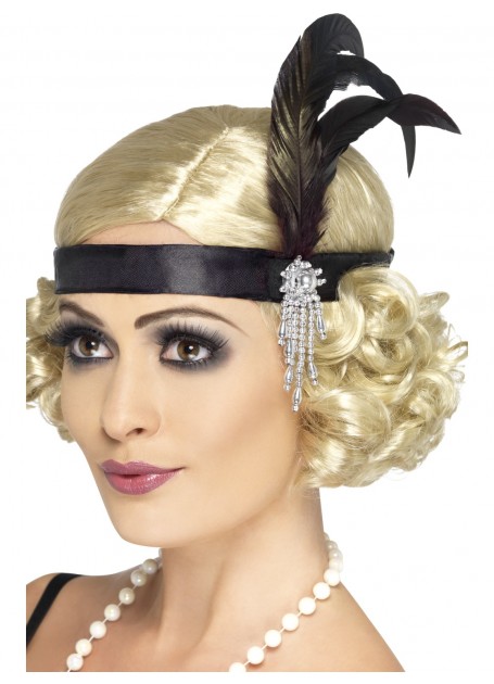 FLAPPER / 1920'S FEATHER HEADDRESS - BLACK WITH SILVER GEM