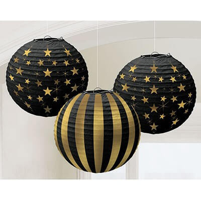CHINESE PAPER LANTERN 24CM - BLACK & GOLD GLAM PACK OF 3