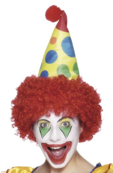 CLOWN MULTI COLOURED HAT WITH RED CURLY WIG