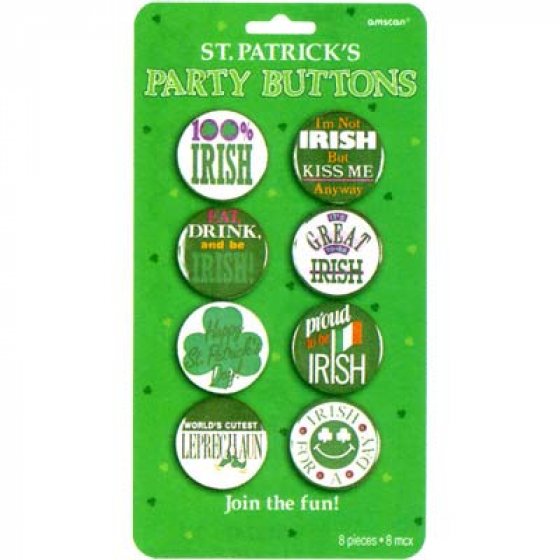ST PATRICK'S DAY PARTY BUTTONS - PACK OF 8