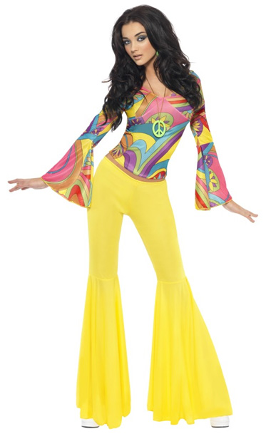 1970'S GROOVY BABE SWIRL TOP WITH YELLOW FLARES COSTUME