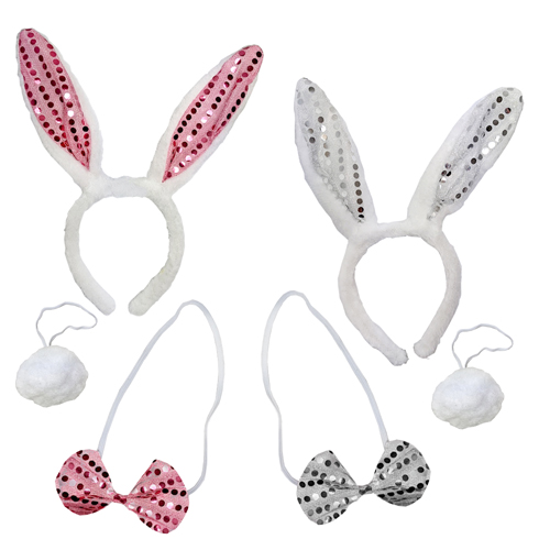 SEQUIN BUNNY EARS ON A HEADBAND IN PINK & WHITE - BULK 24