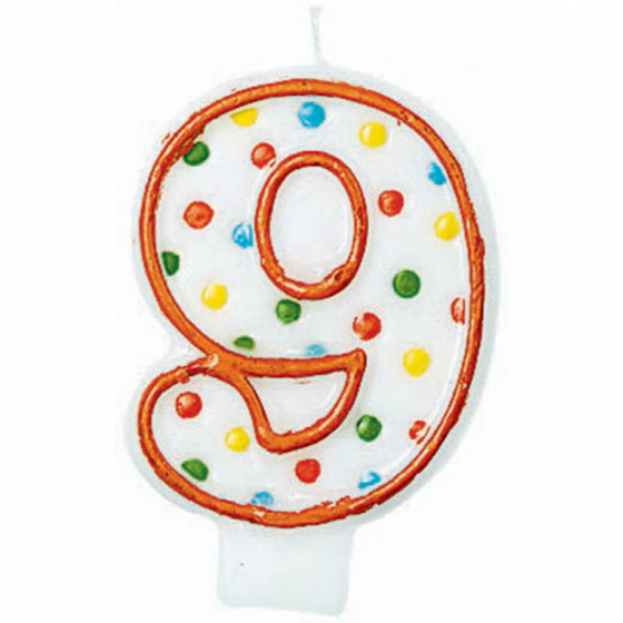 9TH BIRTHDAY PARTY CANDLE MULTI COLOURED POLKA