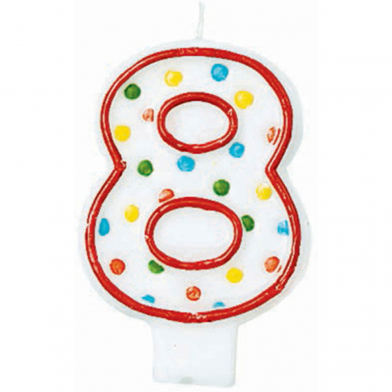 8TH BIRTHDAY PARTY CANDLE MULTI COLOURED POLKA