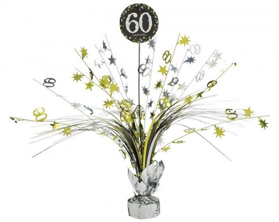 60TH BIRTHDAY SPRAY WEIGHTED CENTREPIECE - GOLD & BLACK