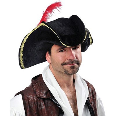 PIRATE BUCCANEER HAT - BLACK & GOLD WITH RED FEATHER