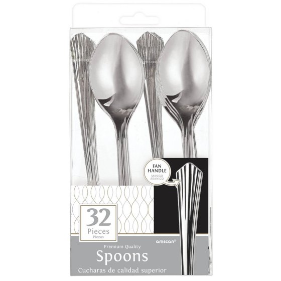 DISPOSABLE CUTLERY - DELUXE SILVER FAN HANDLED SPOONS PACK 32
