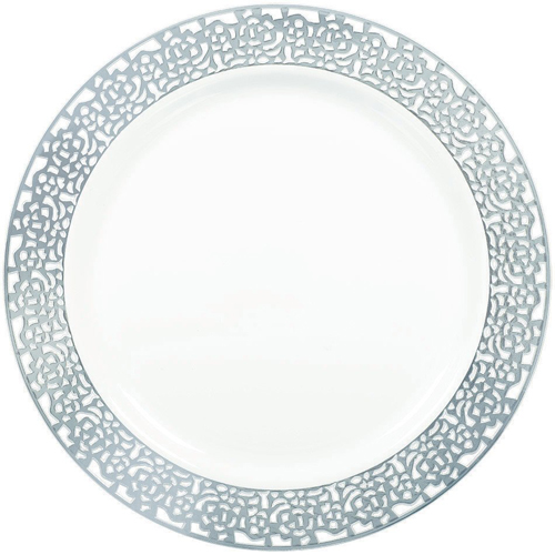 PREMIUM WHITE SIDE PLATE WITH SILVER LACE RIM - 10 PACK