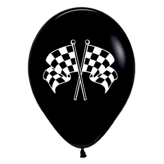 BALLOONS LATEX - RACING FLAG BLACK BACKGROUND PACK OF 25