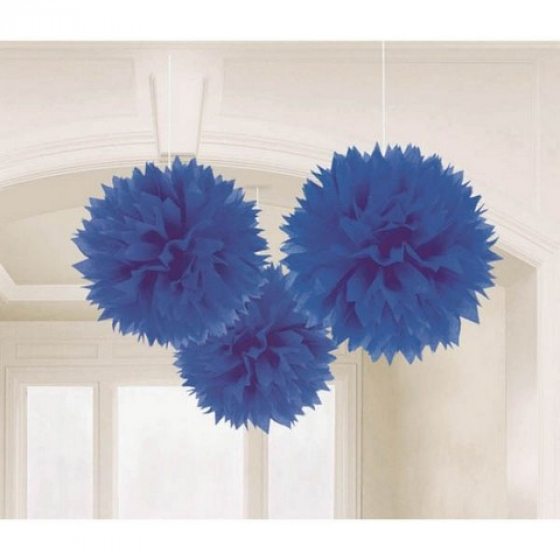 POM POM FLUFFY TISSUE DECORATION - ROYAL BLUE IN A PACK OF 3