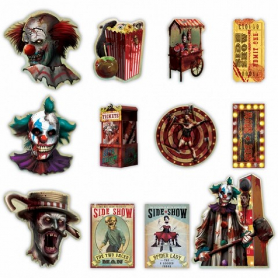CREEPY CARNIVAL SIDE SHOW CLOWN CUT OUTS - PACK OF 12