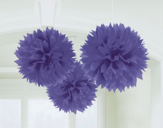 POM POM FLUFFY TISSUE DECORATION - PURPLE IN A PACK OF 3