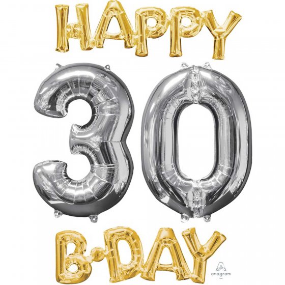 FOIL BALLOON KIT - AIR FILLED 30TH HAPPY BIRTHDAY GOLD & SILVER