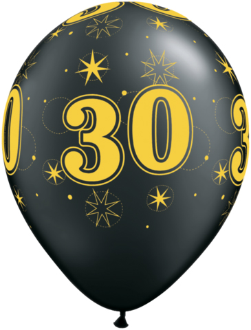 BALLOONS LATEX - 30TH BIRTHDAY BLACK WITH GOLD SPARKLE - PACK 25