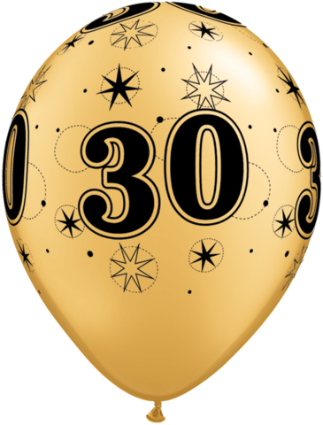 BALLOONS LATEX - 30TH BIRTHDAY GOLD WITH BLACK SPARKLE - PACK 25