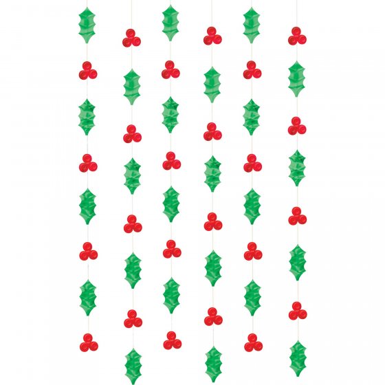 CHRISTMAS HOLLY & BERRIES HANGING FOIL STRING DECORATIONS