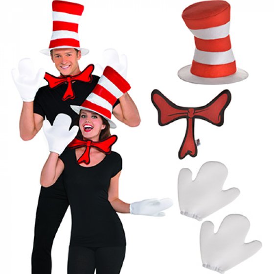 CAT IN THE HAT TOP HAT WITH RED BOW TIE & GLOVES SET
