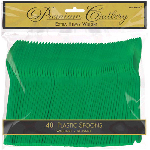 PREMIUM HEAVY WEIGHT FESTIVE GREEN PLASTIC SPOONS - PACK OF 48