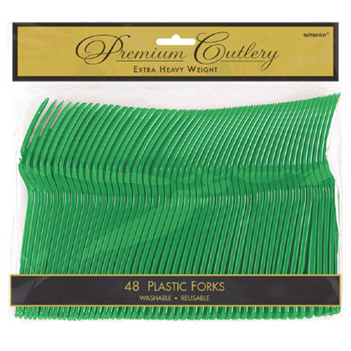 PREMIUM HEAVY WEIGHT FESTIVE GREEN PLASTIC FORKS - PACK OF 48